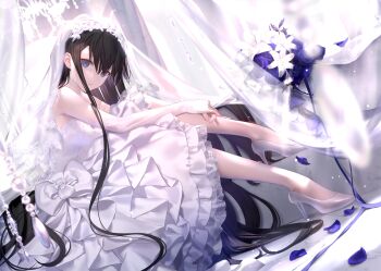 1girl bare_legs bare_shoulders bow breasts bridal_veil brown_hair commentary_request detached_sleeves dress flower frilled_dress frills from_side hand_on_own_leg high_heels indoors knee_up large_bow long_dress long_hair looking_at_viewer mashima_saki_(mashimasa) md5_mismatch medium_breasts original parted_lips petals purple_eyes purple_flower resolution_mismatch sidelocks sitting sleeveless sleeveless_dress source_smaller veil very_long_hair wedding_dress white_bow white_flower white_footwear white_sleeves