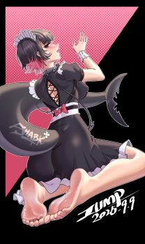 1girl absurdres barefoot black_hair blush ellen_joe feet fish_tail highres huahuaren_jump looking_at_viewer maid medium_hair multicolored_hair open_mouth pink_hair red_eyes shark_tail sharp_teeth soles tail teeth toes two-tone_hair zenless_zone_zero
