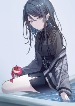 1girl absurdres alternate_costume apple belt black_choker black_hair black_ribbon black_shirt black_skirt breasts chain choker closed_mouth collared_shirt commentary dot_nose dress_shirt ear_piercing expressionless food fruit grey_eyes grey_jacket high-waist_skirt highres holding holding_food holding_fruit hoshino_ichika_(project_sekai) jacket jacket_partially_removed long_sleeves looking_at_viewer medium_breasts miniskirt nail_polish neck_ribbon off_shoulder open_clothes open_jacket pencil_skirt piercing project_sekai ribbon safety_pin shirt side_slit skirt swept_bangs symbol-only_commentary thighs timmoo water zipper_skirt