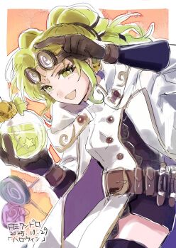 1girl breasts coke-bottle_glasses earrings eyewear_on_head fire_emblem fire_emblem:_the_sacred_stones fire_emblem_heroes glasses green_eyes green_hair halloween halloween_costume highres holding_beaker jewelry l&#039;arachel_(fire_emblem) l&#039;arachel_(halloween)_(fire_emblem) lab_coat long_hair mad_scientist medium_breasts nintendo official_alternate_costume open_mouth rennnge solo thighs