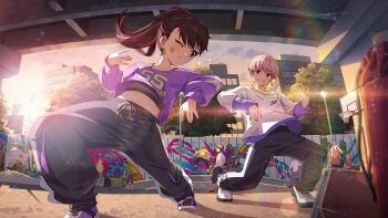 basketball_hoop black_hair building cloud dirty dirty_face faceless game_cg graffiti grin hat idolmaster idolmaster_million_live! idolmaster_million_live!_theater_days lamppost maihama_ayumu multicolored_hair navel official_art one_eye_closed pants pink_hair shorts skateboard skateboarding smile star_(symbol) sunlight towel white_hair