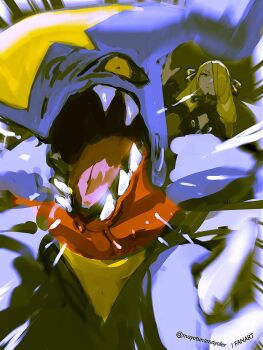 1girl black_sclera blonde_hair closed_mouth coat colored_sclera cynthia_(pokemon) fangs fur-trimmed_coat fur_collar fur_trim garchomp gen_4_pokemon grey_eyes hair_ornament hair_over_one_eye highres long_hair long_sleeves looking_at_viewer mayotsunamayo nintendo open_mouth pokemon pokemon_(creature) pokemon_dppt pokemon_focus sharp_teeth smile teeth yellow_eyes