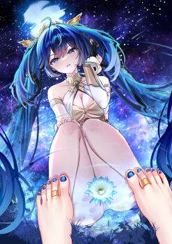 Rule 34 | 1girl, absurdres, ahoge, akusamu, armlet, barefoot, blue eyes, blue flower, blue hair, blue nails, breasts, cleavage, feet, flower, galaxy, gold bra, hair belt, hand up, highres, iuno (wuthering waves), jewelry, laurel crown, long hair, looking at reflection, looking at viewer, medium breasts, missing commentary, multicolored hair, nail polish, parted lips, reflection, reflection focus, ripples, solo, squatting, streaked hair, thighs, toe ring, toenail polish, toenails, toes, twintails, vambraces, very long hair, wuthering waves