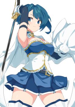 &gt;:) 1girl absurdres aizawa_kazuha arm_up assault_lily asymmetrical_hair belt belt_buckle black_belt blue_eyes blue_hair blue_shirt blue_skirt breasts buckle cape clenched_hand closed_mouth cosplay cowboy_shot detached_sleeves frilled_shirt_collar frills gloves gold_trim hand_up highres holding holding_sword holding_weapon light_blush long_sleeves looking_at_viewer magical_girl mahou_shoujo_madoka_magica mahou_shoujo_madoka_magica_(anime) medium_breasts midriff_peek miki_sayaka miki_sayaka_(cosplay) miki_sayaka_(magical_girl) miniskirt pera pleated_skirt shirt short_hair simple_background skirt smile solo soul_gem standing strapless strapless_shirt sword thighhighs two-tone_shirt v-shaped_eyebrows weapon white_background white_cape white_gloves white_shirt white_thighhighs zettai_ryouiki
