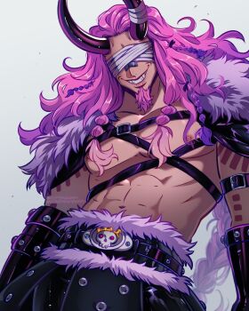 1boy abs arm_belt bandaged_horn bandages bandages_over_eyes bare_pectorals belt belt_buckle black_belt black_gloves black_horns black_pants buckle chest_belt collarbone commentary covered_eyes cowboy_shot english_commentary facial_hair fur_trim giant gloves goatee gradient_hair grin highres horns loki_(one_piece) long_hair long_horns male_focus multicolored_hair multiple_belts muscular muscular_male navel nipples one_piece pants pectorals purple_hair rottenbuggy simple_background smile solo tattoo teeth white_background white_fur