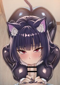 1girl absurdres animal_ear_fluff animal_ears ass black_nails blush bodysuit breasts cat_ears cat_girl cat_tail dokusen_yoku_ga_tsuyo_sugiru_yandere_kai_neko-chan erection fellatio highres impossible_bodysuit impossible_clothes koyuki_(kotatsu358) large_breasts long_hair looking_at_viewer mole mole_under_eye nene_(dokusen_yoku_ga_tsuyo_sugiru_yandere_kai_neko-chan) oral original pov pov_crotch red_eyes skin_tight tail white_fur