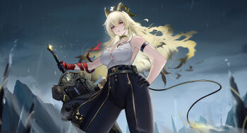 1girl absurdres arm_strap bare_shoulders black_choker black_gloves black_horns black_pants black_tail blonde_hair breasts bright_pupils chinese_commentary choker commentary_request curled_horns demon_tail earrings gloves greatsword hair_between_eyes hand_on_own_hip high-waist_pants highres holding holding_sword holding_weapon horns jewelry key_earrings large_breasts long_hair looking_at_viewer necktie necktie_around_wrists outdoors pants partial_commentary rain red_eyes red_necktie shirt shirt_tucked_in shuo_bian_yue solo sword tail weapon white_pupils white_shirt wuthering_waves zani_(wuthering_waves)