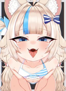 1girl ahoge animal_ear_fluff animal_ears bikini blonde_hair blue_bikini blue_bow blue_eyes blue_hair blush bow breasts cat_ears collarbone commentary fangs hair_bow hajiwan001 hashtag-only_commentary highres indie_virtual_youtuber long_hair looking_at_viewer low_twintails multicolored_hair navel one_side_up open_mouth sameko_saba small_breasts solo straight-on streaked_hair striped_bikini striped_clothes sweat swimsuit tongue tongue_out twintails very_long_hair virtual_youtuber