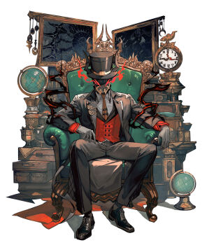 1boy analog_clock arm_rest armchair black_fire black_hat black_mask brown_coat brown_necktie brown_pants buttons chair clock coat collared_shirt commentary_request demon demon_tail dot-matrix dress_shoes fake_horns fire flame_print formal_clothes full_body gentleman globe glowing glowing_eyes hat highres horned_headwear horns lack long_coat long_sleeves looking_at_viewer male_focus masuta_dexi necktie on_chair open_clothes open_coat painting_(object) pants plaid_clothes plaid_coat red_vest roman_numeral shirt simple_background solo spread_legs straight-on tail tie_clip top_hat vest virtual_youtuber white_background white_shirt wing_collar world_connect