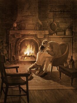 2boys black_hair black_shoes blonde_hair bottle chair commentary_request cup erwin_smith fireplace full_body grey_pants grey_sweater hand_in_another's_hair highres indoors kasagana_i kiss kneeling lantern levi_(shingeki_no_kyojin) male_focus monochrome multiple_boys pants saucepan sepia shingeki_no_kyojin shoes short_hair sitting sweater table white_pants white_sweater yaoi