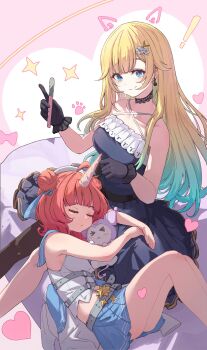 ! 2girls absurdres ahoge aizawa_ema aizawa_ema_(1st_costume) animal_ears bare_shoulders belt black_choker black_gloves blonde_hair blue_dress blue_eyes blue_skirt blush choker closed_eyes closed_mouth commentary_request double_bun dress earrings fake_animal_ears flower gloves gradient_hair green_hair hair_bun hair_flower hair_ornament hat heart highres holding horns jewelry long_hair lying medium_hair multicolored_hair multiple_girls single_horn sitting skirt sleeveless stuffed_toy sweatdrop two-tone_hair virtual_youtuber vspo! weiyu_(jj33jj55) yumeno_akari