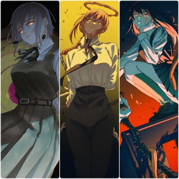 Rule 34 | 3girls, arm behind back, belt, black background, black dress, black hair, black necktie, black pants, black ribbon, black shoes, black socks, blue background, braid, chainsaw man, collared shirt, dress, earrings, facial mark, fami (chainsaw man), floating clothes, floating earrings, floating hair, gradient background, green background, grey hair, hair between eyes, halo, hand on own chin, head tilt, highres, ice morinaka, jewelry, kneehighs, long hair, looking at viewer, makima (chainsaw man), mature female, mole, mole under eye, mole under mouth, multiple girls, necktie, open mouth, pants, parted lips, red background, red eyes, red hair, red halo, ribbon, ringed eyes, scar, scar on face, school uniform, shirt, shoes, short hair, sidelocks, single braid, sitting, smile, socks, spine, striped background, thighs, white shirt, yellow background, yellow eyes, yoru (chainsaw man)