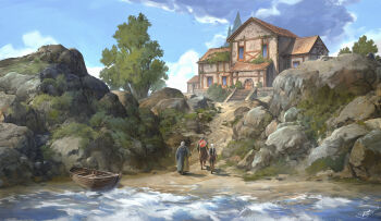 3others absurdres architecture blue_sky boat cloud dirt_road highres house landscape moss multiple_others original painterly path refiend road rock scenery shore signature sky tree water watercraft