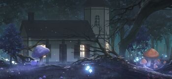 bare_tree building chimney fireflies forest game_cg glowing glowing_mushroom grass kirisame_magic_shop mushroom nature no_humans non-web_source official_art outdoors scenery touhou touhou_gensou_eclipse tower tree window