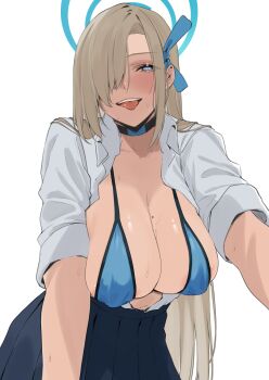 1girl agape_il alternate_costume asuna_(blue_archive) asuna_(school_uniform)_(blue_archive) asymmetrical_bangs bikini bikini_top_only black_collar black_skirt blonde_hair blue_archive blue_bikini blue_eyes blue_halo blue_ribbon breasts choker cleavage collar collarbone collared_shirt covered_erect_nipples dress_shirt grey_shirt hair_over_one_eye hair_ribbon half-closed_eyes halo highres large_breasts long_bangs long_hair looking_at_viewer miniskirt mole mole_on_breast navel one_eye_covered open_clothes open_mouth open_shirt pleated_skirt ribbon school_uniform shirt simple_background skirt sleeves_rolled_up smile solo sweat swimsuit teeth upper_teeth_only very_long_hair white_background