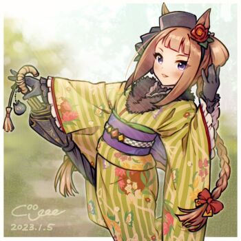 Rule 34 | 1girl, animal ears, black hat, bow, braid, closed umbrella, commentary request, coogee, hair bow, hair ornament, hat, highres, horse ears, horse girl, japanese clothes, kimono, long hair, looking at viewer, obi, parted lips, purple eyes, red bow, sash, solo, striped clothes, striped kimono, sweep tosho (umamusume), sweep tosho (whimsical scenery) (umamusume), umamusume, umbrella, wide sleeves