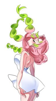 1girl backless_dress backless_outfit bare_arms bare_shoulders blush braid breasts closed_eyes cowboy_shot dress floating_hair gradient_hair green_hair highres kanroji_mitsuri kimetsu_no_yaiba long_hair medium_breasts mole mole_under_eye multicolored_hair multiple_braids parted_bangs pink_hair short_dress solo soyeonp19 white_background white_dress