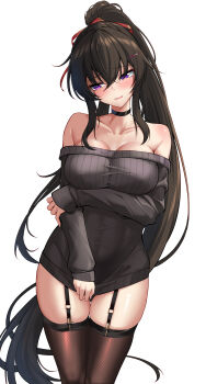 1girl absurdres arm_under_breasts bare_shoulders black_choker black_hair blush breasts brown_thighhighs choker clothes_tug collarbone commentary_request counter:side elze_(s01047480836) embarrassed garter_straps hair_between_eyes hair_ornament hair_tie hairclip head_tilt highres korean_commentary large_breasts long_hair long_sleeves looking_to_the_side off-shoulder_sweater off_shoulder open_mouth ponytail purple_eyes ribbed_sweater sidelocks simple_background sleeves_past_wrists solo sweater sweater_tug thighhighs thighs very_long_hair wavy_mouth white_background yoo_mina