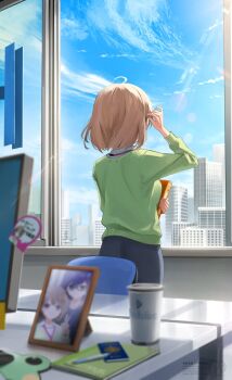 Rule 34 | 1girl, a-chan (hololive), ahoge, black skirt, blue sky, blurry, blurry background, blurry foreground, book, brown hair, cardigan, cityscape, cloud, collared shirt, commentary request, day, green cardigan, hand up, harusaki nodoka, harusaki nodoka (1st costume), highres, holding, holding book, hololive, indoors, kito koruta, lens flare, looking outside, office, office lady, open window, picture frame, shirt, short hair, signature, skirt, sky, solo, v, virtual youtuber, white shirt, window