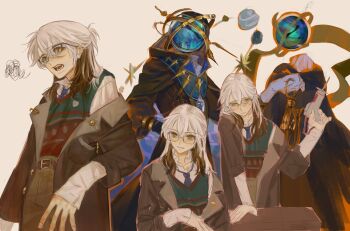 Rule 34 | 1boy, 1other, black cape, black robe, blue necktie, brown hair, brown jacket, brown shorts, cape, colored tips, ferrofluid, fishbowl helmet, glasses, green vest, gun, highres, holding, holding gun, holding weapon, imwa, jacket, medicine pocket, medicine pocket (the cosmos photographer), multicolored hair, multiple views, necktie, object head, official alternate costume, open mouth, red vest, reverse:1999, robe, shirt, shorts, squiggle, two-tone vest, ulrich (reverse:1999), vest, weapon, white background, white hair, white shirt, yellow eyes