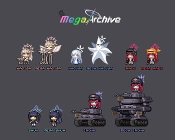 5girls =_= animification black_dress black_hair black_hat black_helmet blue_archive character_name china_dress chinese_clothes commentary comparison dress english_commentary feathered_wings full_body gold_helmet grey_hair halo hat helmet iroha_(blue_archive) jitome looking_ahead mecha mega_evolution military_vehicle motor_vehicle multiple_girls nagisa_(blue_archive) nagusa_(blue_archive) nintendo parody peaked_cap pixel_art pokemon rabu_(blue_archive) red_hair redforge robot shun_(blue_archive) shun_(small)_(blue_archive) simple_background starfish tank teapot title_parody white_dress white_wings winged_hat wings