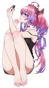 1girl absurdres ahoge applying_lipgloss barefoot black_bow black_camisole black_choker black_shorts blue_eyes bow camisole choker feet full_body hair_bow hair_intakes highres holding holding_removed_eyewear hololive hololive_dev_is kikirara_vivi knees_up lipgloss long_hair multicolored_hair open_mouth p-nekoe pink_hair purple_hair short_shorts shorts sidelocks simple_background sitting solo spread_toes strap_slip streaked_hair sunglasses toes twintails unworn_eyewear very_long_hair virtual_youtuber white_background