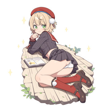 1girl ass beret book braid brown_hair brown_shoes closed_mouth commentary_request full_body green_eyes grey_shirt grey_skirt hand_up hat hatsunatsu indie_virtual_youtuber long_sleeves lying on_floor on_side open_book panties pinstripe_pattern pinstripe_shirt pinstripe_skirt pleated_skirt puffy_long_sleeves puffy_sleeves red_hat red_sailor_collar red_socks sailor_collar shigure_ui_(vtuber) shirt shoes skirt smile socks solo sparkle underwear virtual_youtuber white_background white_panties wooden_floor