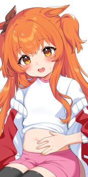 1girl animal_ears black_thighhighs blush commentary_request gym_shirt hair_between_eyes highres horse_ears horse_girl inuyama_nanami jacket long_hair mayano_top_gun_(umamusume) midriff navel open_mouth orange_eyes orange_hair original_race_uniform_(umamusume) revision round_teeth shirt simple_background solo stomach teeth thighhighs tracen_training_uniform track_jacket two_side_up umamusume upper_teeth_only weight_conscious white_background white_shirt