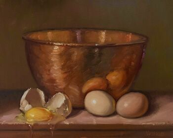 Rule 34 | artist name, bowl, broken egg, egg, egg yolk, highres, mixing bowl, no humans, noah verrier, oil painting (medium), original, painting (medium), reflection, still life, traditional media