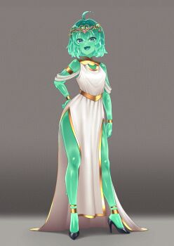 1girl :d absurdres ahoge alternate_species ankle_cuffs bare_legs bare_shoulders black_shoes blue_eyes blush breasts cipher4109 colored_skin commentary dress english_commentary fang full_body gold_trim gold_wrist_cuffs green_hair green_skin grey_background hand_on_own_hip high_heels highres indie_virtual_youtuber long_dress looking_at_viewer medium_hair mint_fantome monster_girl open_mouth shoes side_slit single_arm_cuff skin_fang sleeveless sleeveless_dress slime_girl small_breasts smile solo standing straight-on tiara tongue variant_set virtual_youtuber white_dress