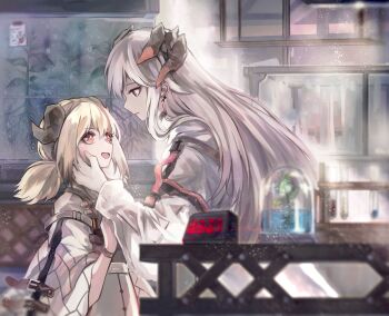 2girls arknights blonde_hair commentary highres horns ifrit_(arknights) laboratory multiple_girls orange_eyes orange_hair saria_(arknights) test_tube test_tube_rack timer twintails white_hair zya_zya