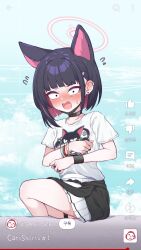 Rule 34 | 1girl, animal ears, black choker, black hair, blue archive, blush, cat ears, choker, clothes around waist, doodle sensei (blue archive), halo, highres, jacket, jacket around waist, kazusa (band) (blue archive), kazusa (blue archive), looking at viewer, mask pull, open mouth, pink halo, pleated skirt, rla13753, sensei (blue archive), shirt, short hair, short sleeves, sitting, skirt, solo, t-shirt, user interface, white shirt