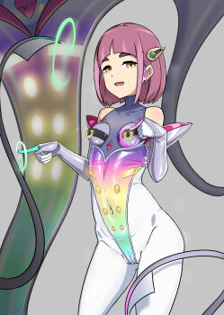 1girl :d absurdres alternate_costume arched_bangs bare_shoulders cameltoe commentary_request covered_collarbone covered_navel elbow_gloves eyelashes gloves gozaru grey_background grey_gloves hair_ornament hairclip highres lacey_(pokemon) leotard malamar mega_malamar nintendo nipple_piercing nipple_rings open_mouth piercing pokemon pokemon_(creature) pokemon_sv purple_hair short_hair sidelocks simple_background sleeveless smile yellow_eyes