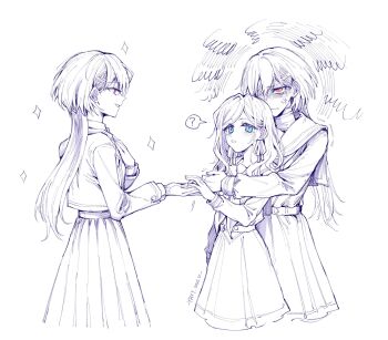 3girls ? anger_vein blazer blue_eyes ceras_yanagida_lilienfeld commentary dress dual_persona edel_note glaring hair_ornament hand_on_own_chest hasu_no_sora_school_uniform highres jacket jellyfish_cut katsuragi_izumi link!_like!_love_live! long_hair long_sleeves love_live! mizukawa_school_uniform multiple_girls neckerchief orange_eyes pleated_dress pleated_skirt profile sailor_collar sailor_dress school_uniform signature simple_background skirt sparkle spoken_question_mark squiggle symbol-only_commentary taking_another's_hand time_paradox triangle_hair_ornament virtual_youtuber white_background winter_uniform yrxy_settingsun