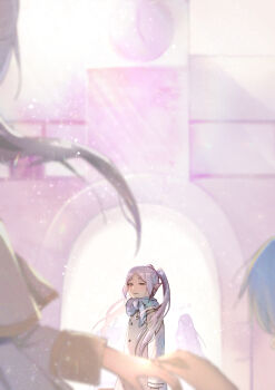 2boys 3girls absurdres axe battle_axe blue_hair blue_scarf chinese_commentary coat commentary fern_(sousou_no_frieren) flashback frieren grey_hair highres himmel_(sousou_no_frieren) light_particles light_rays multiple_boys multiple_girls nyafurbl ponty scarf signature sousou_no_frieren stark_(sousou_no_frieren) twintails weapon