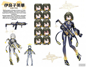 0_0 1girl :d :t absurdres black_bodysuit blonde_hair blush bodysuit breasts brown_hair colored_inner_hair commission english_text full_body grey_bodysuit gun hairband halo high_heels highres holding holding_gun holding_weapon latex latex_bodysuit maguro27 medium_breasts multicolored_bodysuit multicolored_hair multiple_expressions one_eye_closed open_mouth original pixiv_commission pout shaded_face shiny_clothes short_hair skin_tight smile trigger_discipline two-tone_hair weapon white_background yellow_bodysuit yellow_eyes