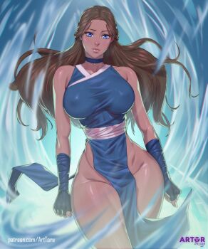 1girl arttoru avatar:_the_last_airbender avatar_legends bandaged_arm bandages bare_shoulders blue_choker blue_dress blue_eyes breasts brown_hair choker covered_erect_nipples cowboy_shot dark_skin dress fingerless_gloves gloves highres hydrokinesis katara large_breasts long_hair looking_at_viewer pelvic_curtain standing thick_thighs thighs water