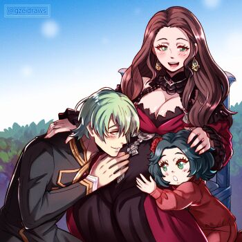 1boy 2girls :d artist_name black_shirt blue_hair blue_sky breasts brown_hair chair child cleavage closed_mouth commentary commission day dorothea_arnault dorothea_arnault_(timeskip) earrings english_commentary father_and_child father_and_daughter fire_emblem fire_emblem:_three_houses green_eyes green_hair gzei hand_on_another's_head hand_on_another's_stomach hetero highres husband_and_wife if_they_mated jewelry large_breasts long_hair long_sleeves male_byleth_(awakened)_(fire_emblem) male_byleth_(enlightened_one)_(fire_emblem) male_byleth_(fire_emblem) mother_and_child mother_and_daughter multiple_girls nintendo official_alternate_hair_color on_chair open_mouth outdoors parent_and_child pregnant second-party_source shirt short_hair sitting sky smile teeth tongue twitter_username upper_teeth_only watermark