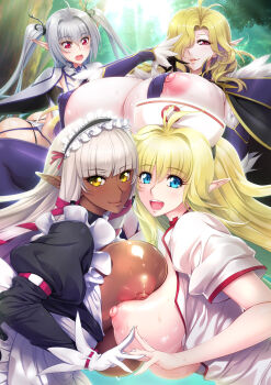 ahoge aoi_nagisa_(metalder) blonde_hair blue_eyes breast_press breasts breasts_out dark_elf elf evelyn_celebrian forest grey_hair hat highres hime_cut huge_breasts large_areolae long_hair lucie_menelumia lucy_menelumia maid maid_headdress misery_stentrem nature nipple_slip nipples nude nurse nurse_cap open_clothes phyllis_hagerhelm pointy_ears red_eyes revealing_clothes smile sweat symmetrical_docking take_your_pick twintails wavy_hair yellow_eyes youkoso!_sukebe_elf_no_mori_e