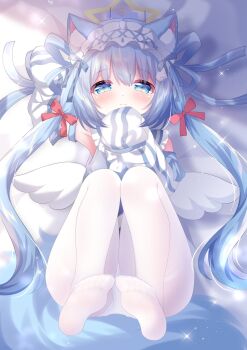 1girl animal_ear_fluff animal_ears arm_up arm_warmers blue_arm_warmers blue_eyes blue_hair blue_ribbon blue_sailor_collar blush bow cat_ears commentary_request commission dress feet frilled_hairband frilled_sailor_collar frills full_body hair_bow hair_ornament hair_ribbon hairband half-closed_eyes halo hamiyamiko happy highres long_hair looking_at_viewer low_twintails lying mini_wings multi-source_commentary no_shoes on_back original pantyhose red_bow ribbon sailor_collar sailor_dress school_uniform second-party_source serafuku shadow shirt sleeveless sleeveless_shirt sleeves_past_wrists smile solo sparkle sparkling_aura star_halo sugarneko thighband_pantyhose thighs twintails white_pantyhose white_serafuku wing_hair_ornament wings yellow_halo