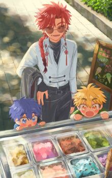 3boys blonde_hair blue_eyes blue_hair braid braided_ponytail child commentary earrings food hair_over_shoulder hand_on_own_hip highres jewelry liu_xiao long_hair long_sleeves lower_teeth_only male_focus multiple_boys ne_mum2 open_mouth red_eyes red_hair shiguang_dailiren shirt short_hair single_braid smile sunglasses symbol-only_commentary teeth xia_fei xiao_weiying yellow_eyes