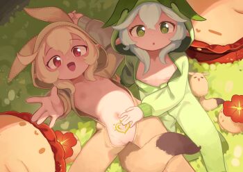 2girls :d absurdres ahoge animal_costume animal_hood blonde_hair chestnut_mouth cleft_of_venus creature dodoco_(genshin_impact) flat_chest fox_tail from_above genshin_impact grass green_eyes grey_hair highres hood huge_filesize jumpy_dumpty kanbaki klee_(genshin_impact) loli looking_at_viewer lying medium_hair multiple_girls nahida_(genshin_impact) navel nipples on_back on_ground open_mouth pointy_ears pubic_tattoo pussy reaching reaching_towards_viewer red_eyes sitting smile star_(symbol) tail tattoo