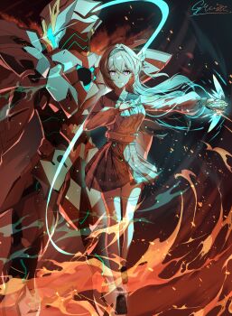 1girl absurdres black_boots boots bow closed_mouth commentary_request firefly_(honkai:_star_rail) firefly_(spring_missive)_(honkai:_star_rail) full_body grey_hair grey_skirt gruisin hair_between_eyes hair_ornament hand_on_own_chest highres holding honkai:_star_rail honkai_(series) long_hair long_sleeves looking_at_viewer midriff navel official_alternate_costume pink_eyes plaid_bow plaid_clothes plaid_skirt sam_(honkai:_star_rail) school_uniform signature skirt smile stomach thighhighs white_thighhighs zettai_ryouiki