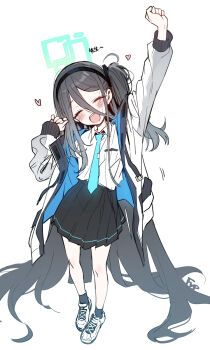 1girl :d ^_^ absurdly_long_hair aqua_necktie aris_(blue_archive) arm_up black_hair black_hairband black_skirt blue_archive blue_jacket closed_eyes collared_shirt double-parted_bangs facing_viewer fpanda full_body hair_between_eyes hairband halo hand_up highres jacket long_bangs long_hair long_sleeves necktie open_mouth pleated_skirt puffy_long_sleeves puffy_sleeves rectangular_halo school_uniform shirt shirt_tucked_in shoes skirt smile solo teeth two-sided_fabric two-sided_jacket upper_teeth_only very_long_hair white_jacket white_shoes