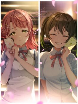 2girls bad_id bad_pixiv_id blouse blue_shirt blunt_bangs blush braid braided_bun charm_(object) closed_eyes collared_shirt crying eyelashes film_grain grin hair_between_eyes hair_bun highres holding_charm looking_at_viewer love_live! love_live!_nijigasaki_high_school_idol_club multiple_girls neck_ribbon nijigasaki_school_uniform petals red_neckwear ribbon school_uniform shirt short_sleeves signature single_side_bun smile split_screen summer_uniform sweater_vest swept_bangs takasaki_yu tears uehara_ayumu upper_body white_shirt zawawa_(satoukibi1108)