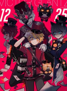 Rule 34 | 4boys, animal ears, aqua eyes, bag, black jacket, black pants, blonde hair, blue bow, blue bowtie, blue coat, bow, bowtie, c:, capelet, character name, closed eyes, coat, colored skin, cowboy shot, dated, dog, envelope, eye mask, facing viewer, frilled sleeves, frills, glowing, glowing eyes, gold trim, grey hair, grey pants, hair between eyes, half eye mask, hand on own head, hands on another&#039;s shoulders, harmonica, hat, head tilt, highres, identity v, instrument, jacket, kepi, looking at another, looking at viewer, makeup, male focus, mask, military hat, mini hat, mini top hat, multiple boys, multiple persona, pants, partially shaded face, pink background, red capelet, red eyes, red hair, red hat, runny makeup, satchel, smile, stitched mouth, stitches, striped clothes, striped pants, tendenbarabara, top hat, victor grantz, victor grantz (keyboard), victor grantz (specter), victor grantz (the embrace), white hair, white skin, wick (identity v), wolf ears, yellow eyes