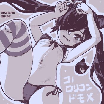 1girl animal_ears armpits arms_up backbeako_(torotei) backbeard bikini blush cat_ears commentary dated dated_commentary female_focus front-tie_bikini_top front-tie_top gegege_no_kitarou hair_over_one_eye index_fingers_together kemonomimi_mode kono_lolicon_domome loli long_hair looking_at_viewer monochrome navel nervous_smile one_eye_closed open_mouth original paid_reward_available pointy_ears ribs side-tie_bikini_bottom simple_background smile solo striped_clothes striped_thighhighs swimsuit thighhighs torotei translated twintails watermark web_address