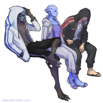 alien alternate_costume asari_(mass_effect) commander_shepard commander_shepard_(male) contemporary crossed_legs dakkun39 garrus_vakarian hood hoodie liara_t'soni mass_effect_(series) n7_hoodie tumblr tumblr_username turian white_background