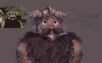 1boy :p beard blush commentary derivative_work dungeon_meshi dwarf english_commentary english_text facial_hair fake_horns helmet highres horned_helmet horns long_beard male_focus mustache p0th reference_inset screenshot_redraw senshi_(dungeon_meshi) solo sparkle thick_arm_hair thick_mustache tongue tongue_out upper_body very_long_beard