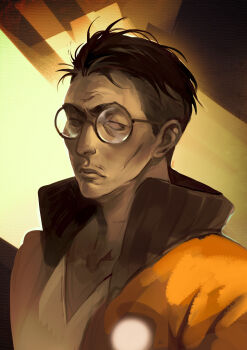 1boy :/ absurdres aegyo_sal bloodshot_eyes bomber_jacket brown_hair buzz_cut disco_elysium facial_hair glasses half-closed_eye highres jacket kim_kitsuragi looking_to_the_side male_focus mustache_stubble orange_jacket raised_eyebrow shirt short_hair solo stubble ultra-baklan-the-ovosh upper_body very_short_hair white_shirt